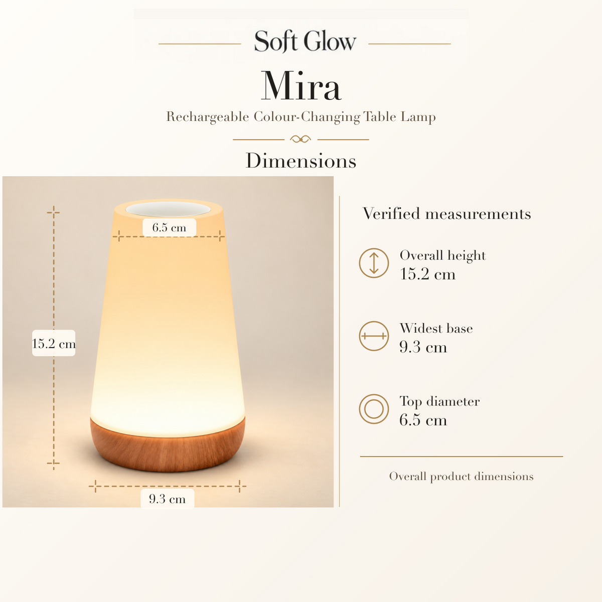 Mira lamp dimensions: 15.2 cm high, 9.3 cm base and 6.5 cm top diameter
