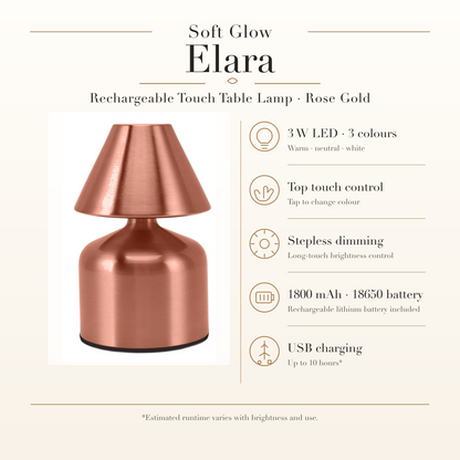 Elara Rechargeable Touch Table Lamp in Rose Gold, three light colours, touch dimming, rechargeable battery and USB charging