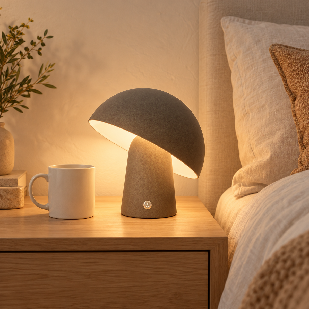 Arlo mushroom table lamp beside an ivory mug on an oak bedside table in a warm neutral bedroom