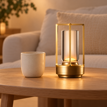 Gold Atlas rechargeable lantern on an indoor oak side table beside an ivory cup.