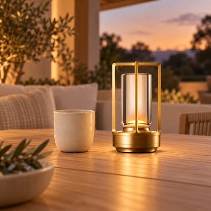 Atlas gold rechargeable outdoor lantern glowing on a sheltered patio table at dusk beside an ivory cup.