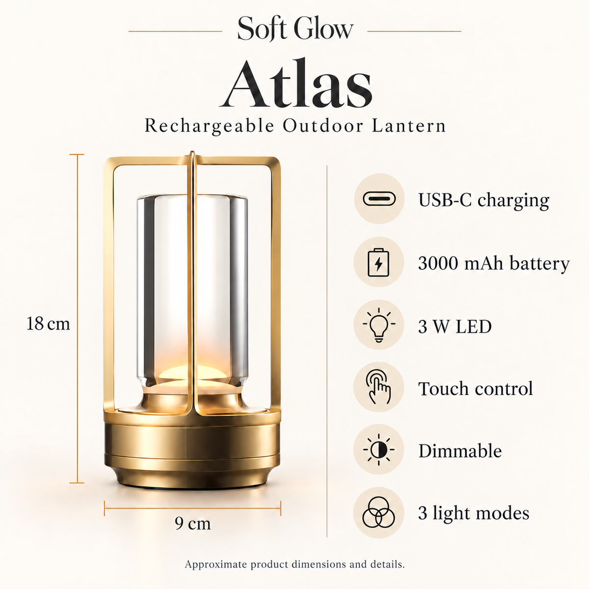 Atlas gold lantern specifications: 18 cm high, 9 cm wide, USB-C charging, 3000 mAh battery, 3 W LED, touch control and three light modes.