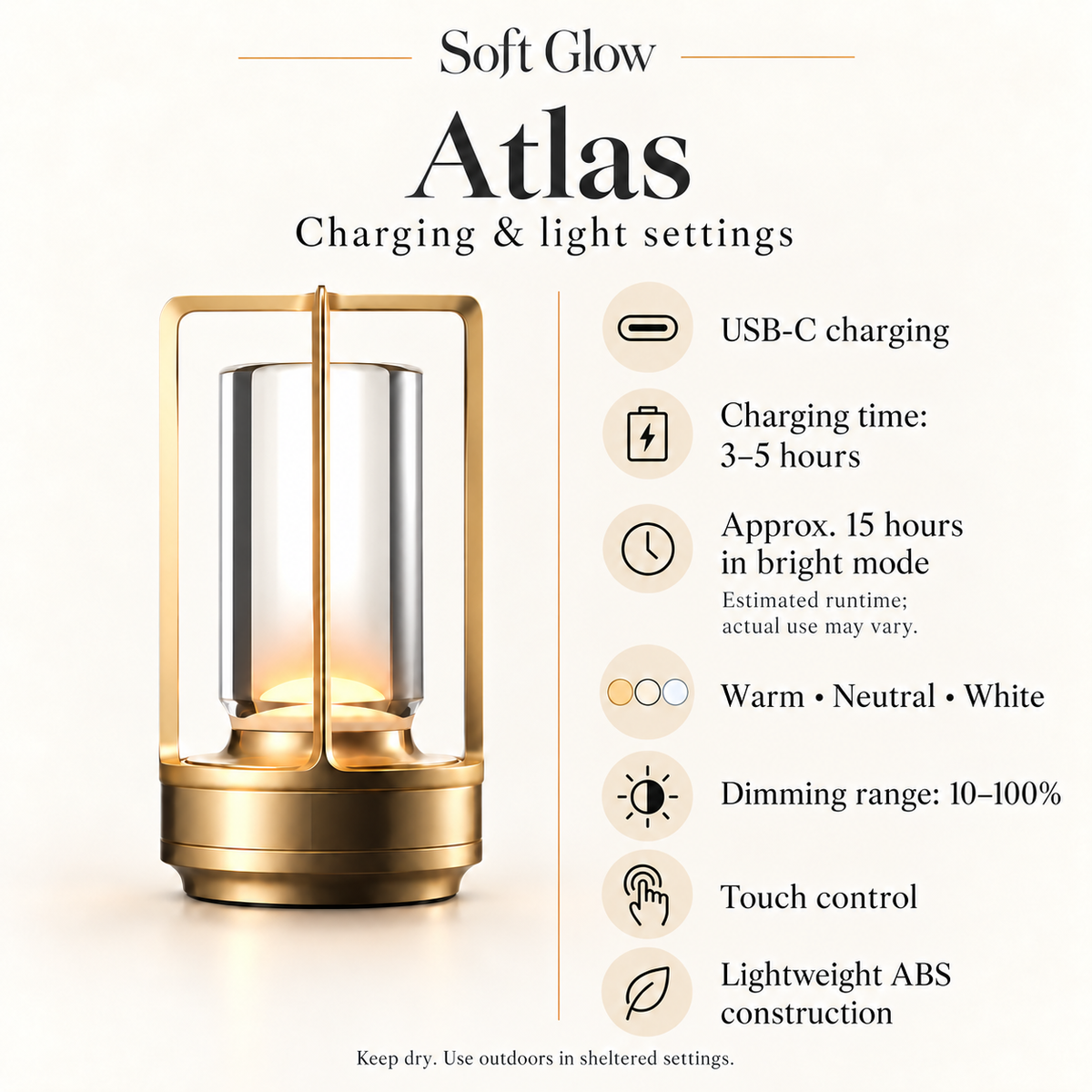 Atlas charging and light settings: estimated 3–5 hour charge, approximately 15 hours in bright mode; actual runtime varies.