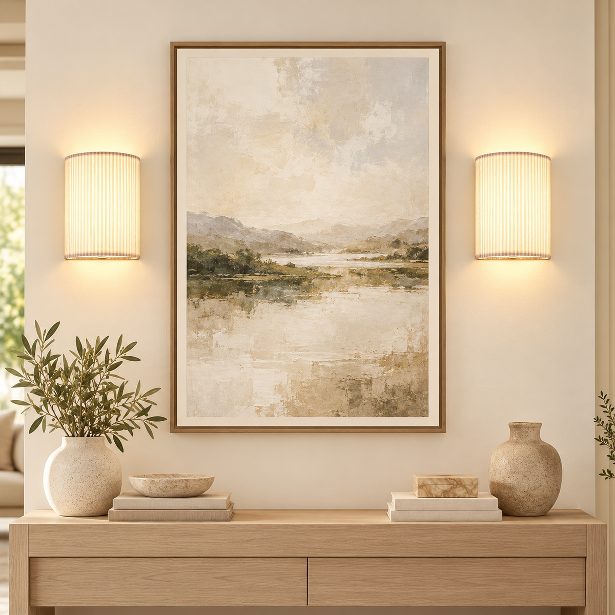 Aura RGB wall sconces flanking framed artwork in a warm neutral interior