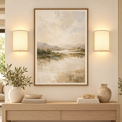 Aura RGB wall sconces flanking framed artwork in a warm neutral interior