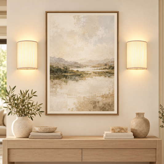 Aura RGB wall sconces flanking framed artwork in a warm neutral interior