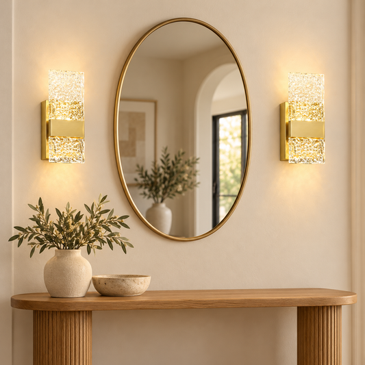 Pair of Aurelia brass-gold rechargeable wall sconces framing an oval mirror above an entryway table