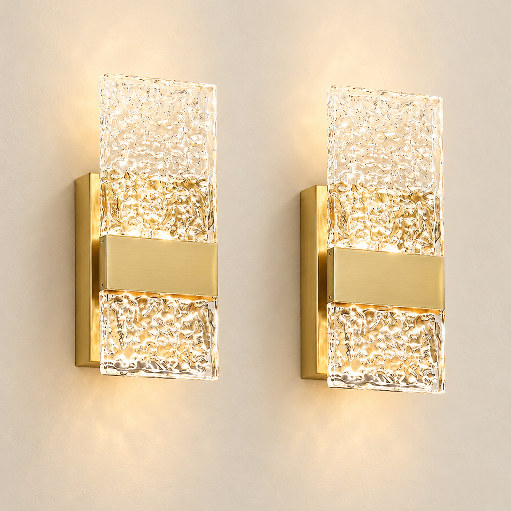 Aurelia rechargeable brass-gold wall sconces, set of two, shown on a warm ivory background