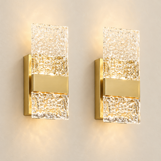 Aurelia rechargeable brass-gold wall sconces, set of two, shown on a warm ivory background