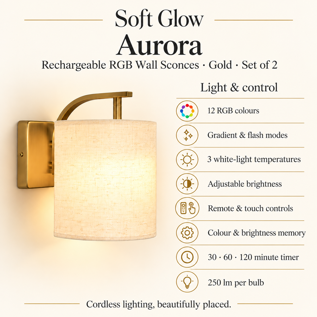 Aurora gold rechargeable RGB wall sconces — light control