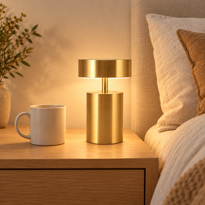 Ava 18 cm gold table lamp beside a 9 cm ivory mug