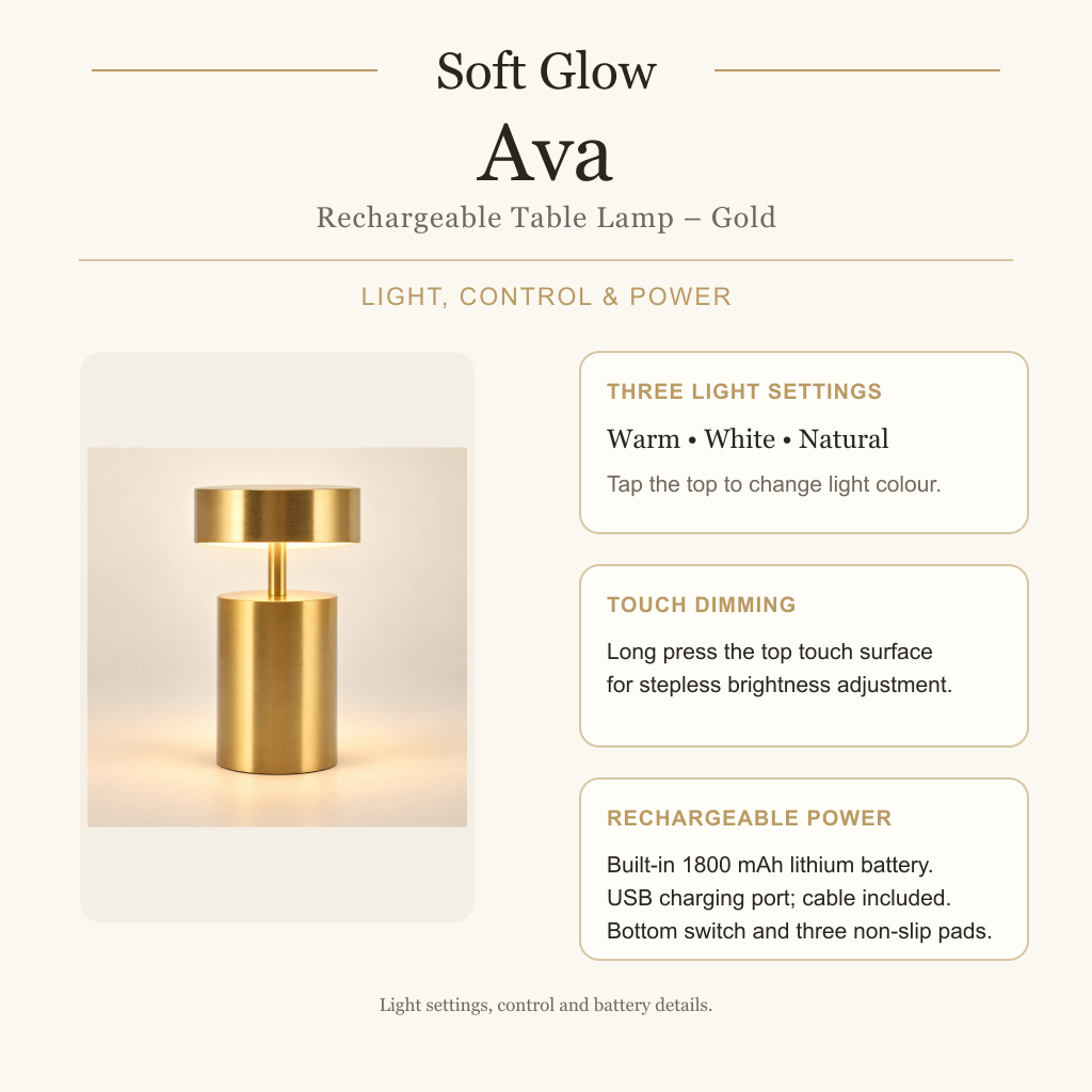 Ava light settings, touch dimming and rechargeable power
