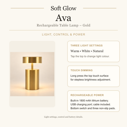 Ava light settings, touch dimming and rechargeable power