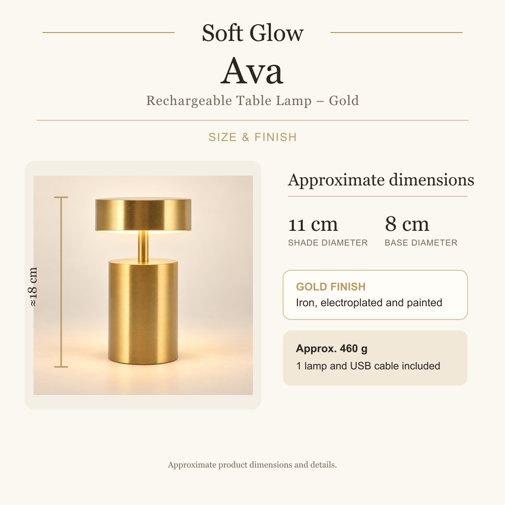 Ava approximate size, gold finish and included lamp and USB cable
