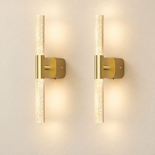 Beaumont brushed-gold rechargeable wall sconces with bubble-crystal detail, set of two.