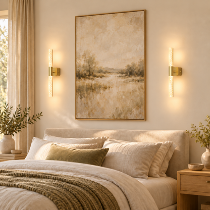 Beaumont brushed-gold wall sconces beside a bed in a warm neutral bedroom.