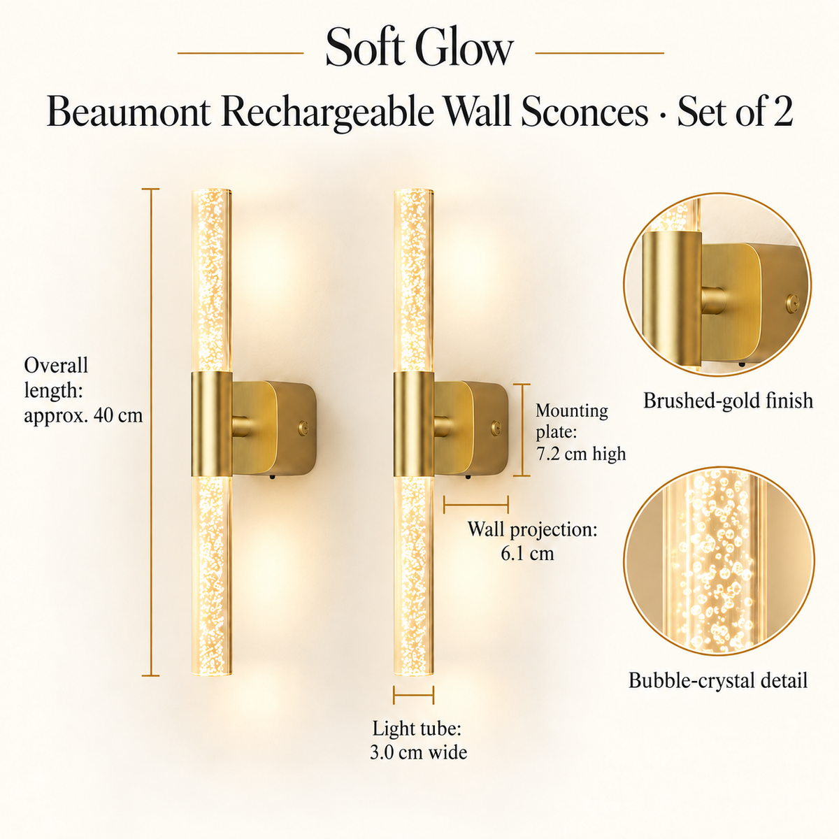 Beaumont wall sconce dimensions: approximately 40 centimetres long, 7.2 centimetre wall plate, 6.1 centimetre projection and 3 centimetre tube.