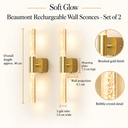 Beaumont wall sconce dimensions: approximately 40 centimetres long, 7.2 centimetre wall plate, 6.1 centimetre projection and 3 centimetre tube.