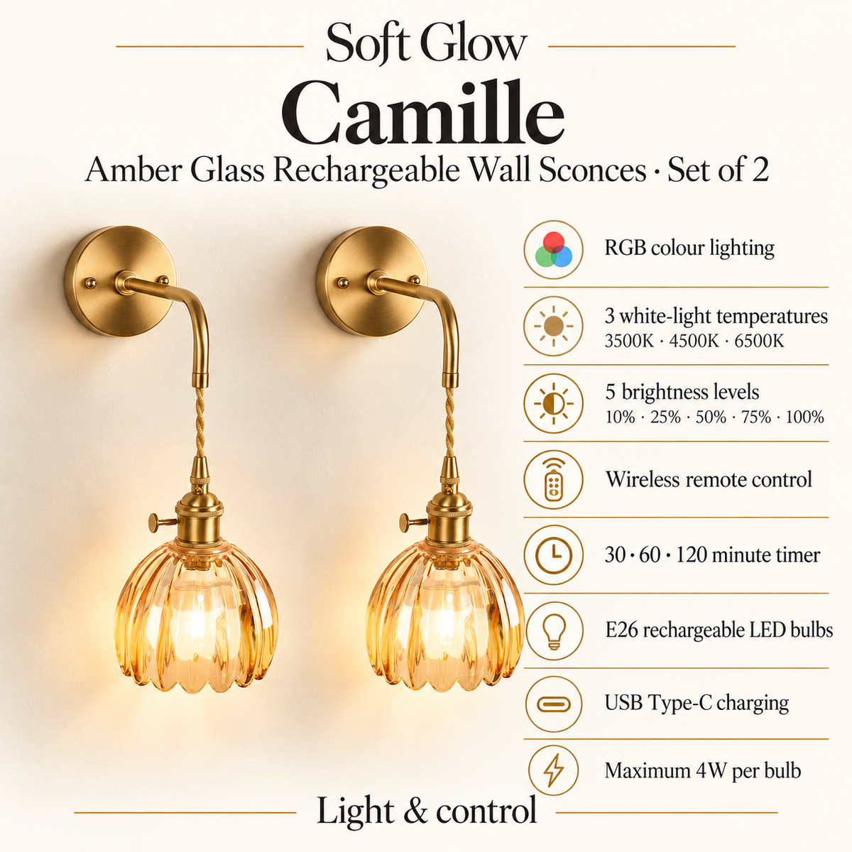 Camille amber glass rechargeable wall sconces — light control