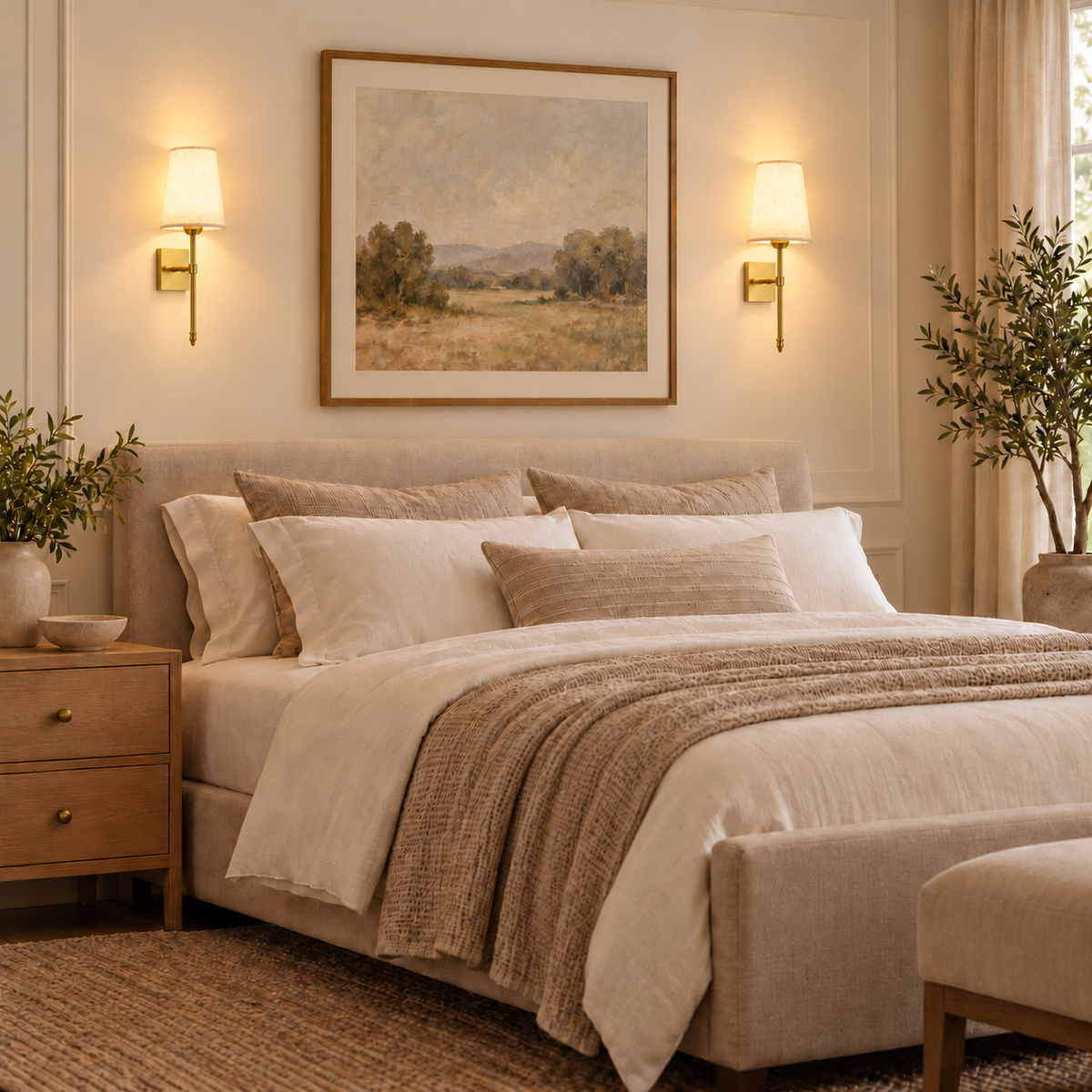 Celeste gold and white rechargeable wall sconces framing artwork above a bed