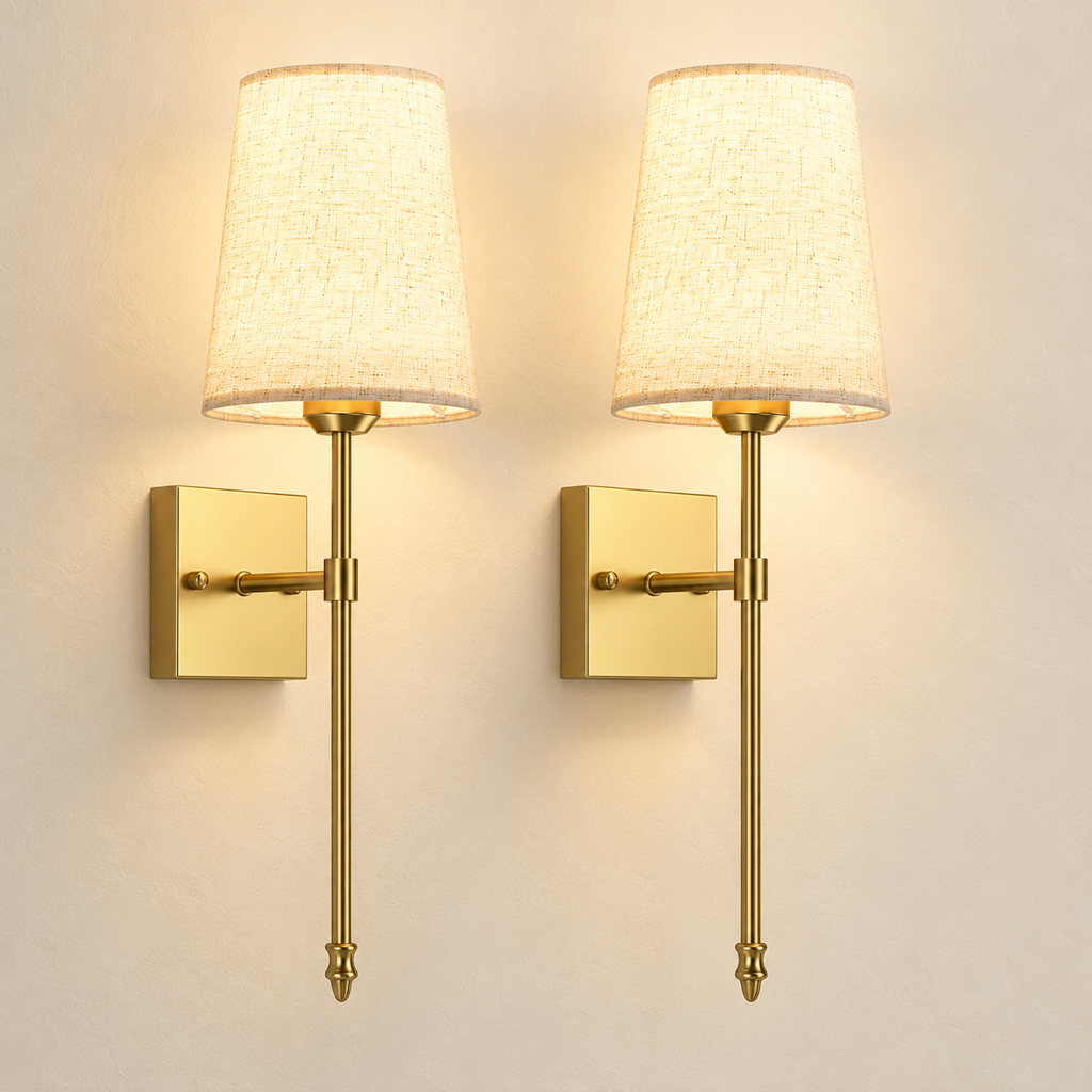Celeste rechargeable RGB wall sconces in gold and white, set of two, studio view