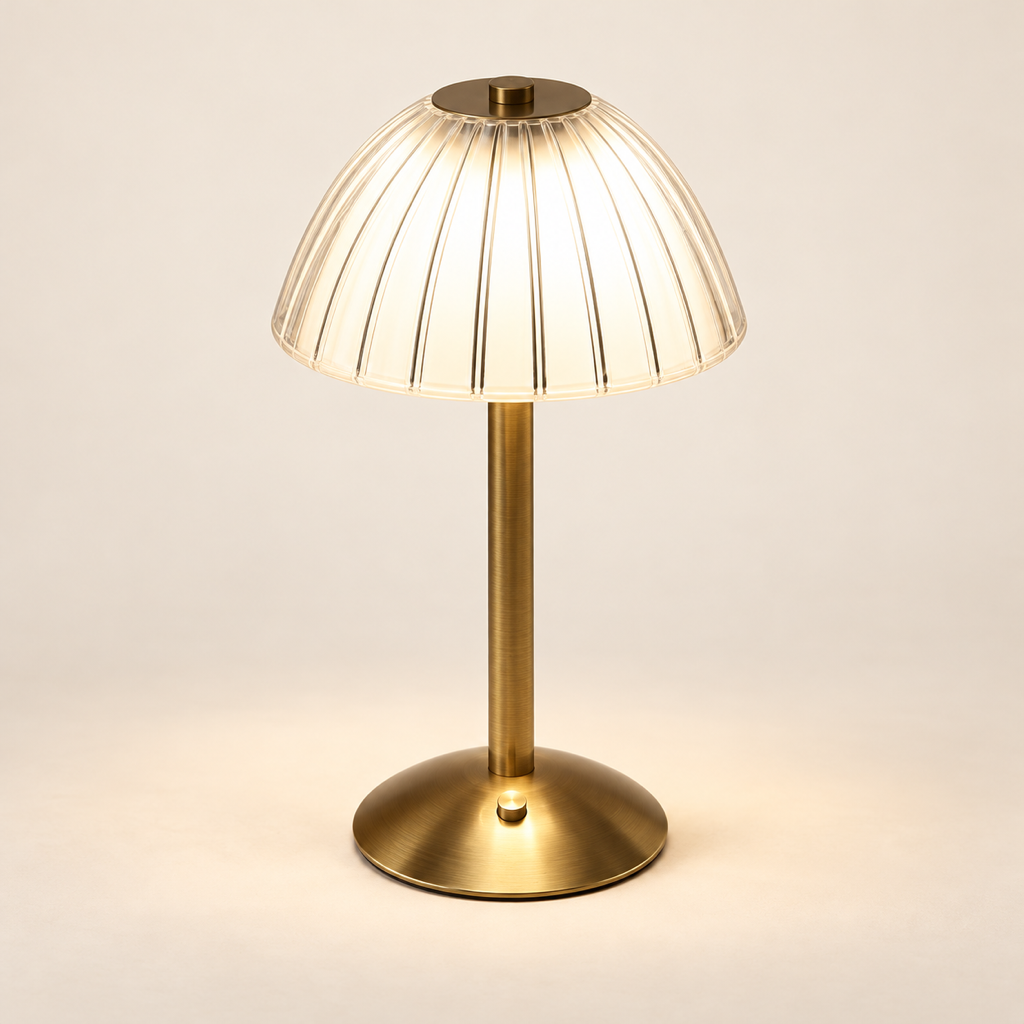 Cove rechargeable reading lamp in gold with a clear fluted acrylic shade on a warm ivory background