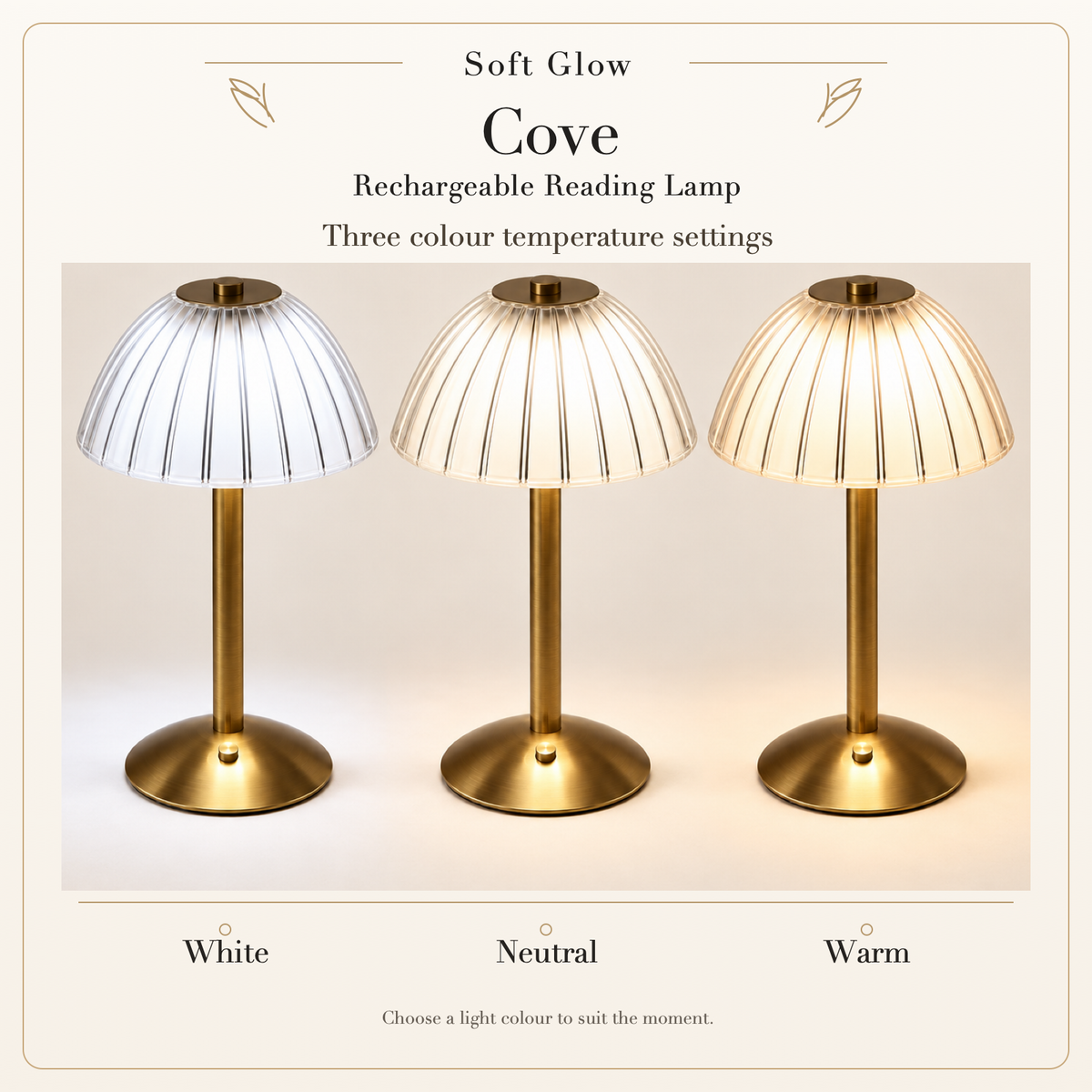 Cove lamp showing its three colour temperature settings: white, neutral and warm