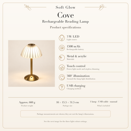 Cove Rechargeable Reading Lamp specifications: 3 W LED, 1500 mAh battery, touch control, 360-degree illumination, USB charging, weight, package size and included cable