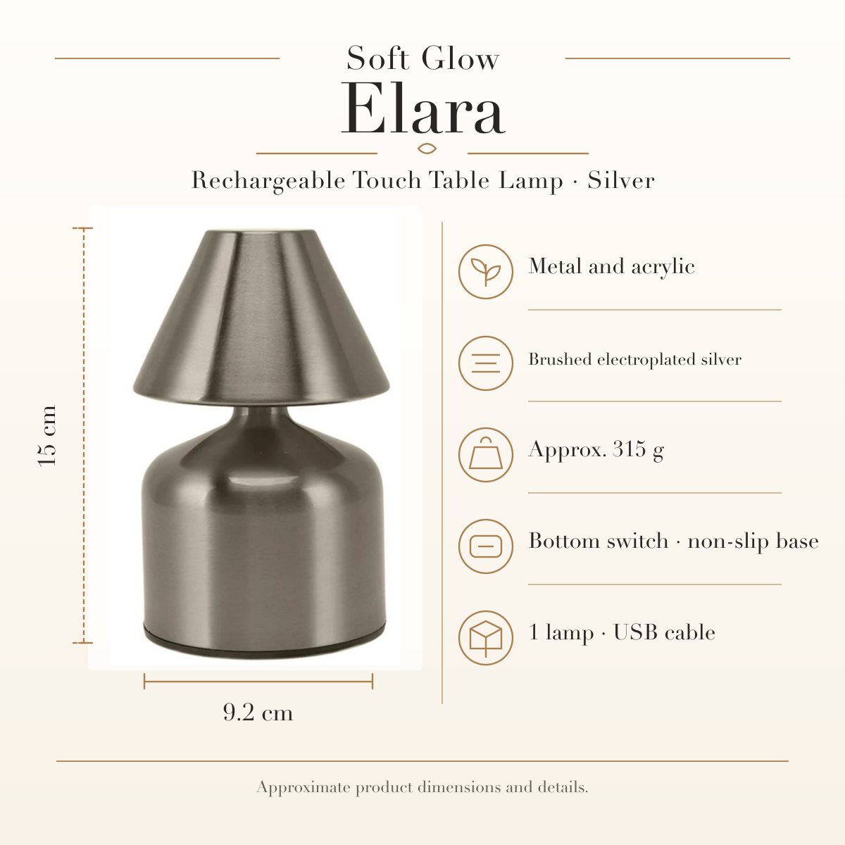 Elara Rechargeable Touch Table Lamp in Silver, approximate dimensions and product details