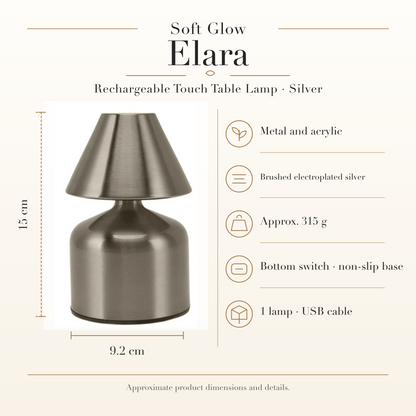 Elara Rechargeable Touch Table Lamp in Silver, approximate dimensions and product details