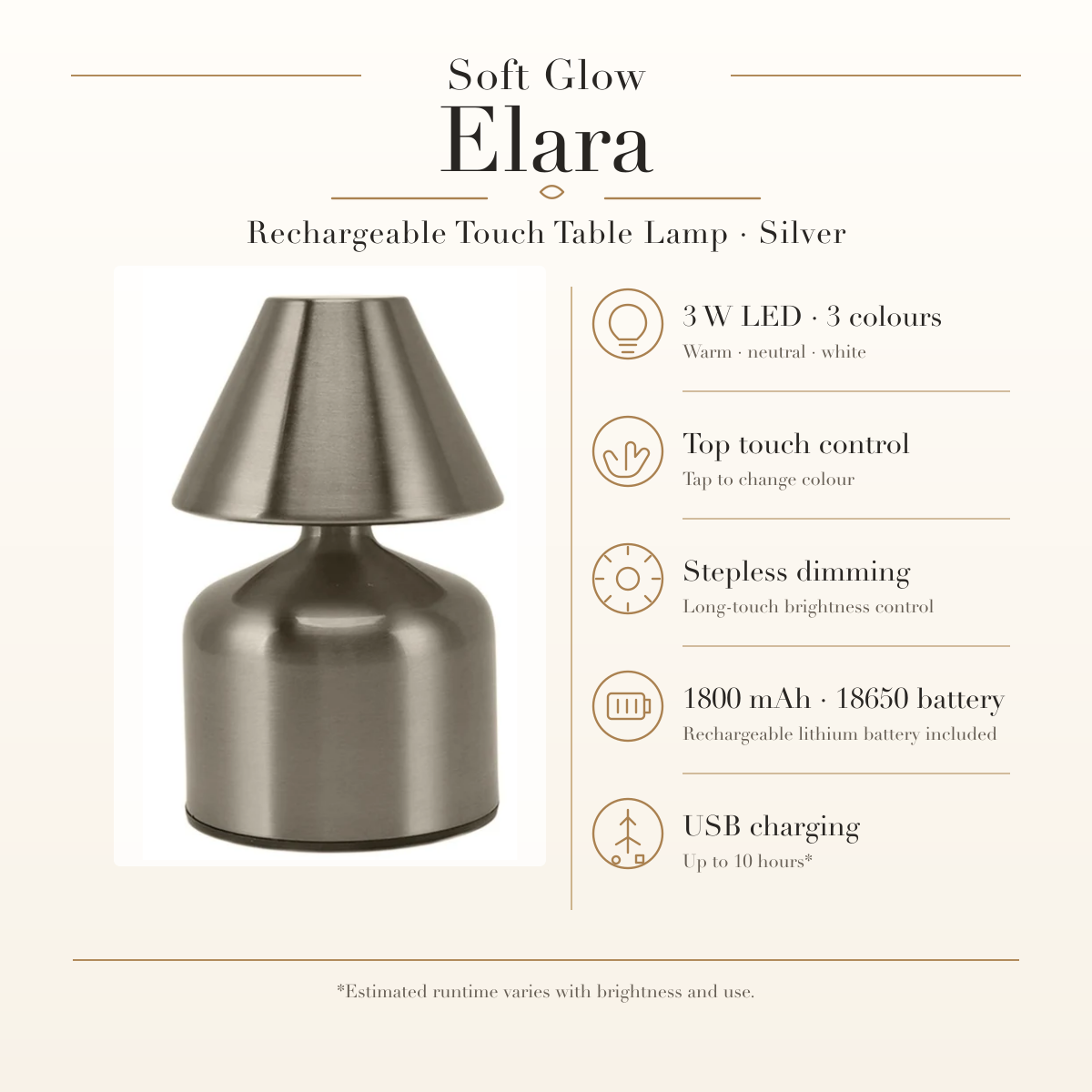 Elara Rechargeable Touch Table Lamp in Silver, three light colours, touch dimming, rechargeable battery and USB charging