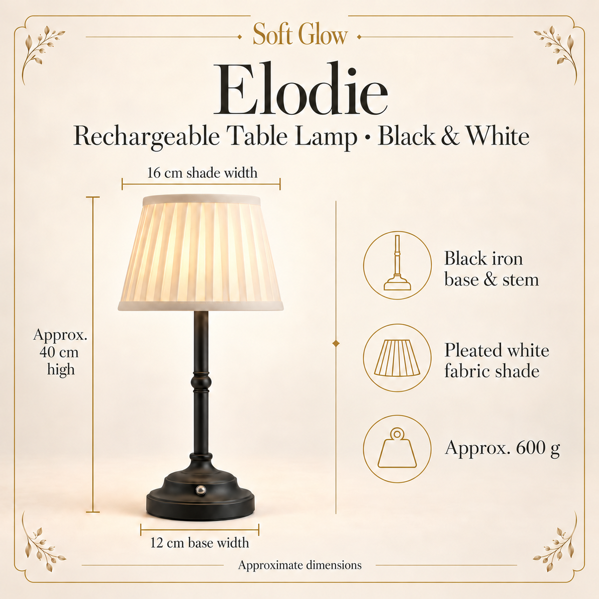 Elodie black and white table lamp approximate dimensions and materials