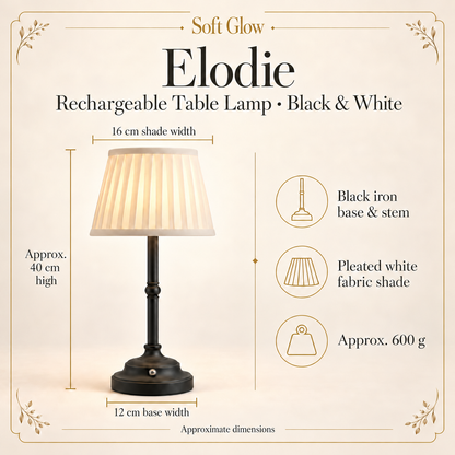 Elodie black and white table lamp approximate dimensions and materials