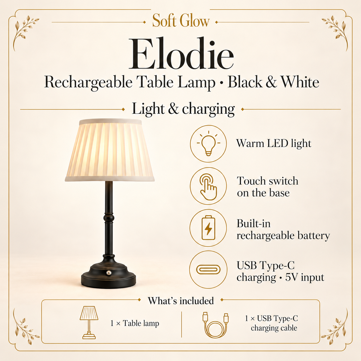 Elodie black and white table lamp light, charging and included cable details