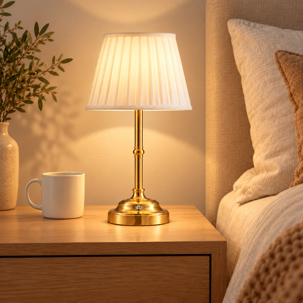 Elodie Gold & White rechargeable table lamp at realistic scale beside a ceramic cup