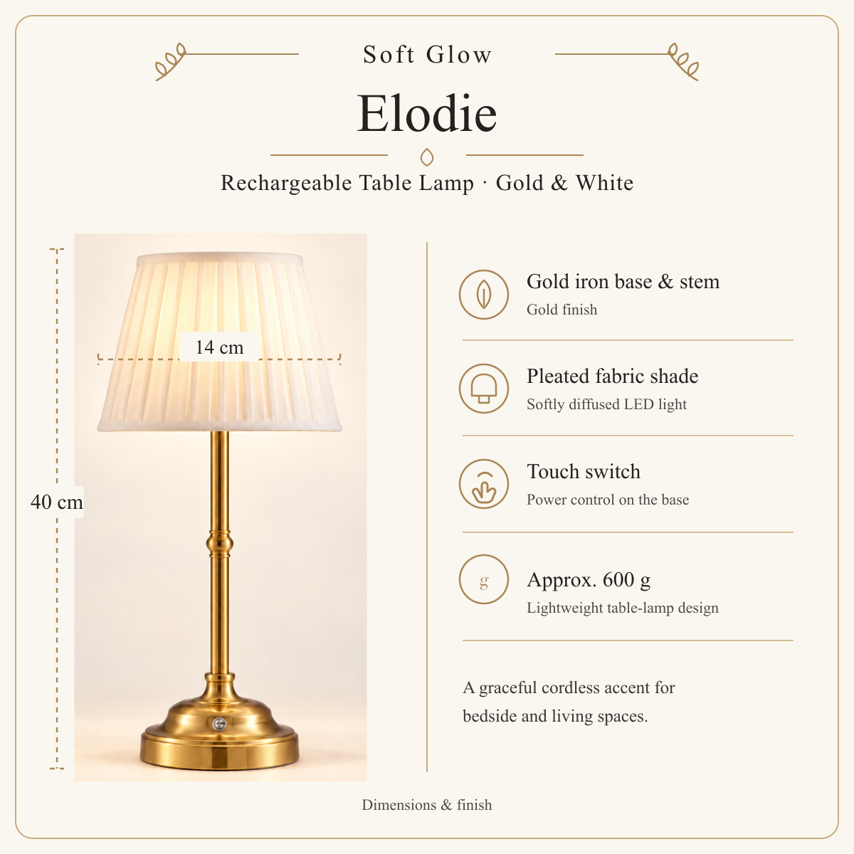 Elodie Gold & White dimensions and finish: approx. 40 cm high, 14 cm shade width, gold iron base and pleated fabric shade
