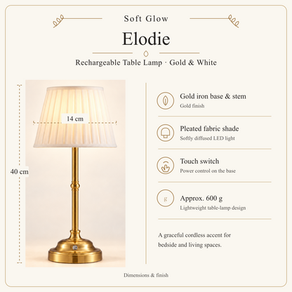 Elodie Gold & White dimensions and finish: approx. 40 cm high, 14 cm shade width, gold iron base and pleated fabric shade