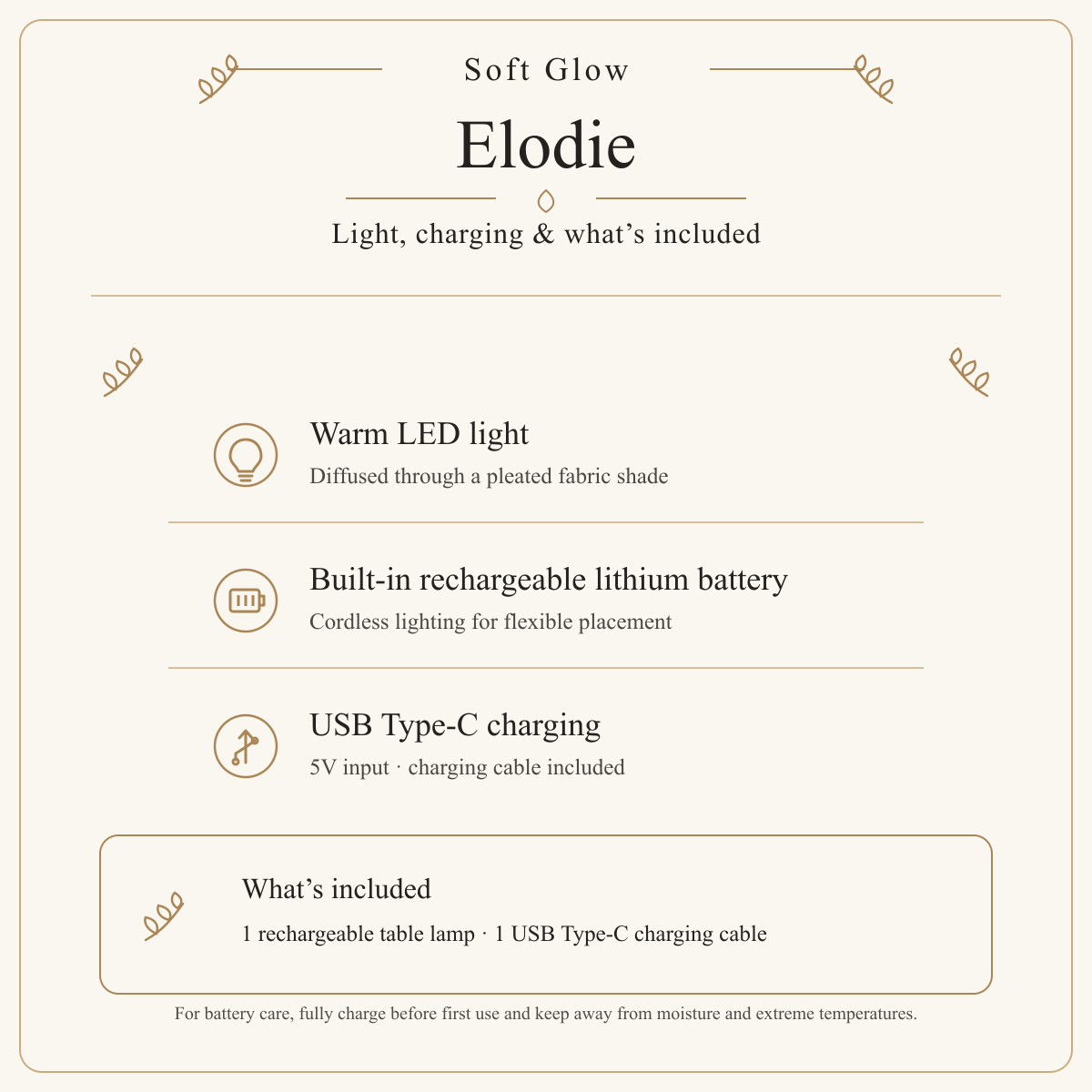Elodie Gold & White warm LED, built-in rechargeable battery, USB Type-C charging and included cable