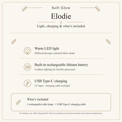Elodie Gold & White warm LED, built-in rechargeable battery, USB Type-C charging and included cable