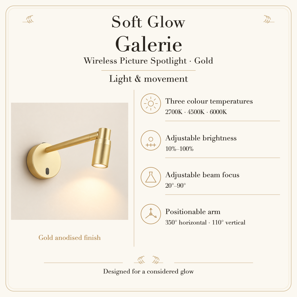 Galerie Wireless Picture Spotlight light settings: three colour temperatures, adjustable brightness, focus and arm movement.