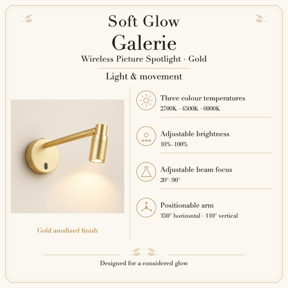Galerie Wireless Picture Spotlight light settings: three colour temperatures, adjustable brightness, focus and arm movement.