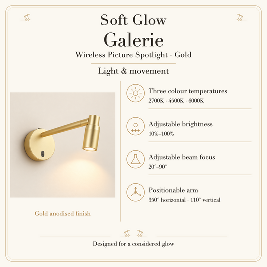 Galerie Wireless Picture Spotlight light settings: three colour temperatures, adjustable brightness, focus and arm movement.
