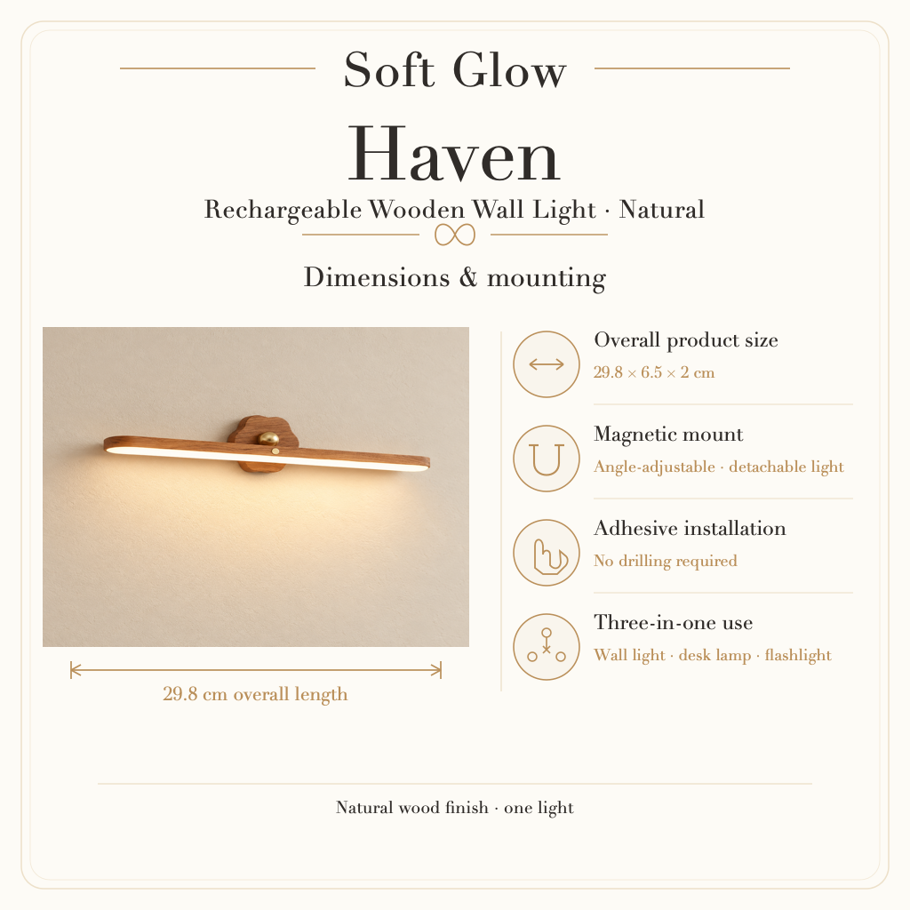 Haven Natural dimensions, adjustable magnetic mount, adhesive installation and three-in-one use