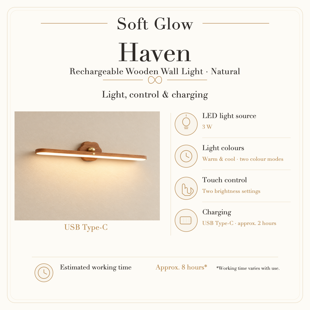 Haven Natural 3W LED, warm and cool modes, two brightness settings, touch control, Type-C charging and approximate working time