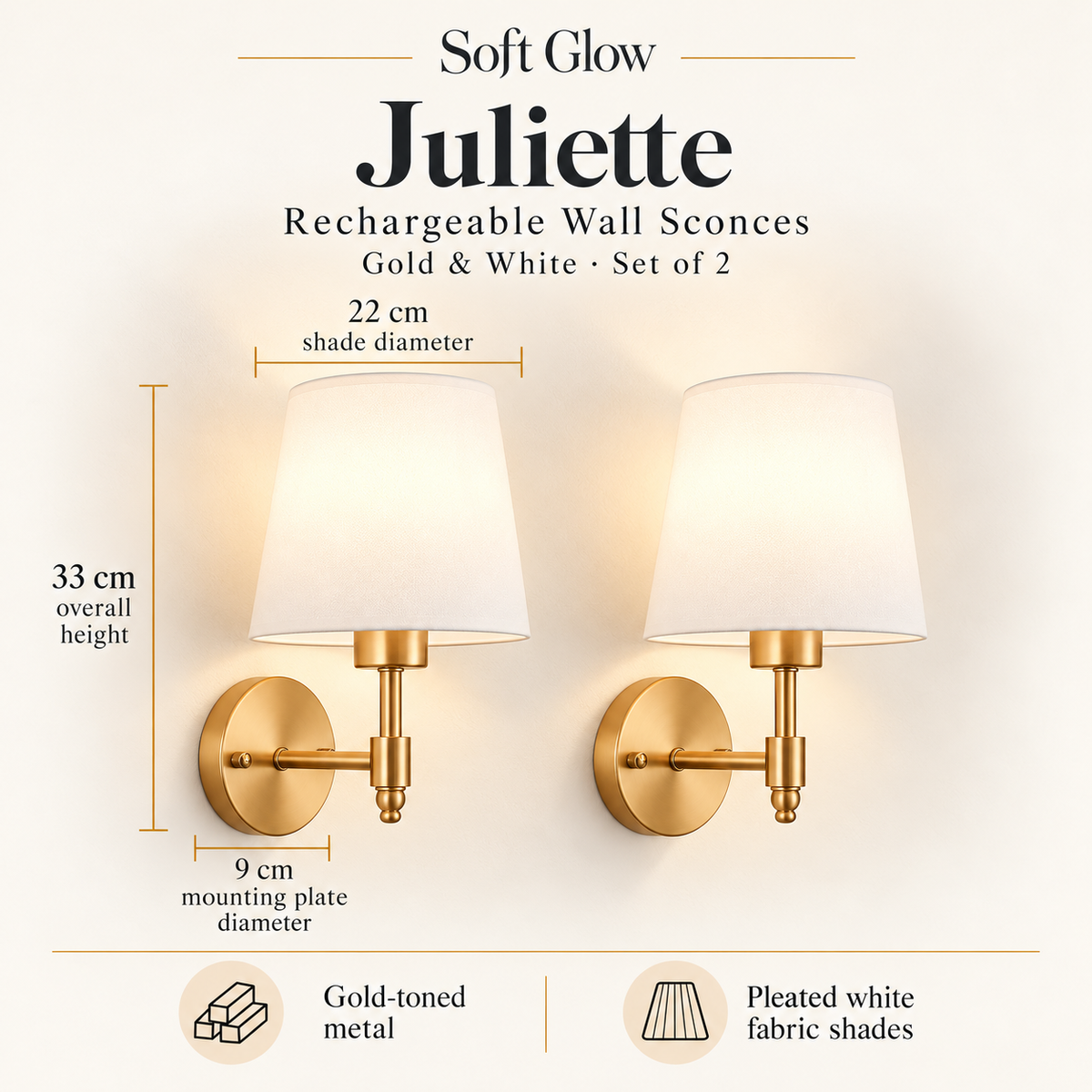 Juliette sconce dimensions and materials: 33 centimetres high, 22 centimetre shade and 9 centimetre wall plate