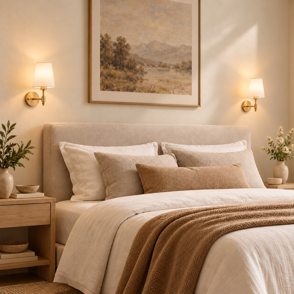 Two Juliette gold and white wall sconces beside an angled bed in a warm neutral bedroom