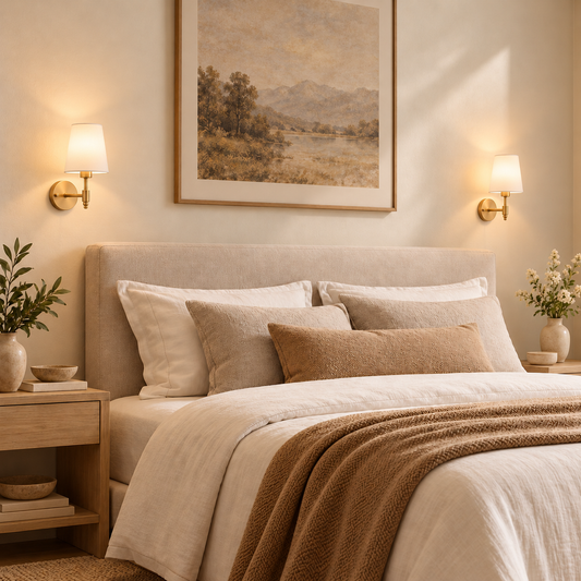 Two Juliette gold and white wall sconces beside an angled bed in a warm neutral bedroom