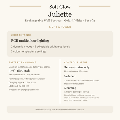 Juliette lighting settings, remote control, rechargeable battery and care details