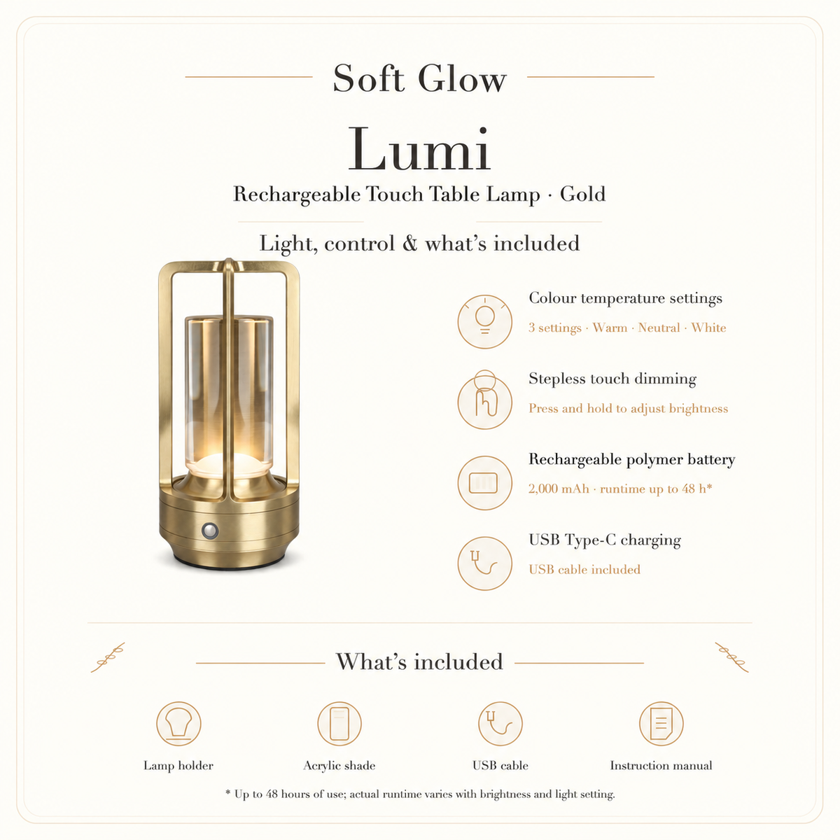 Lumi gold lamp colour temperature settings, touch dimming, charging and included items
