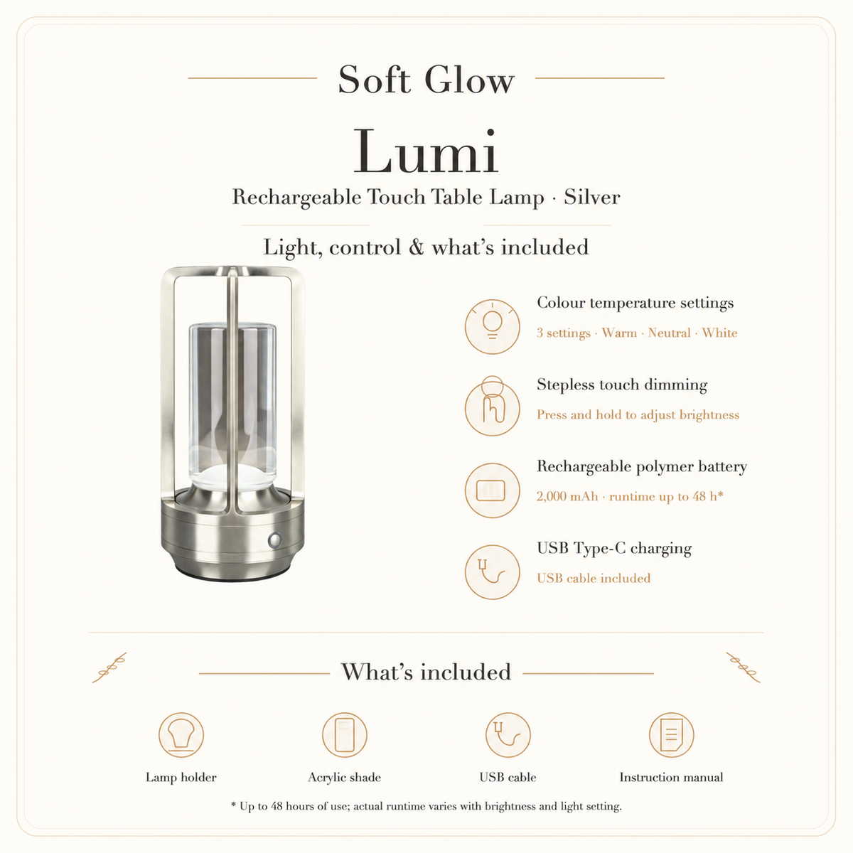 Lumi silver lamp colour temperature settings, touch dimming, charging and included items